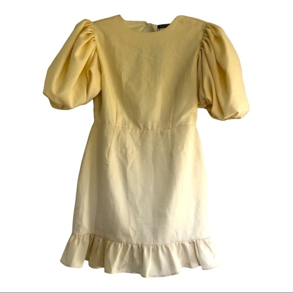 NWT NASTY GAL COLLECTION Puff Sleeve Open Back Ruffle Hem Tea Dress Yellow Sz 8 - Picture 2 of 5